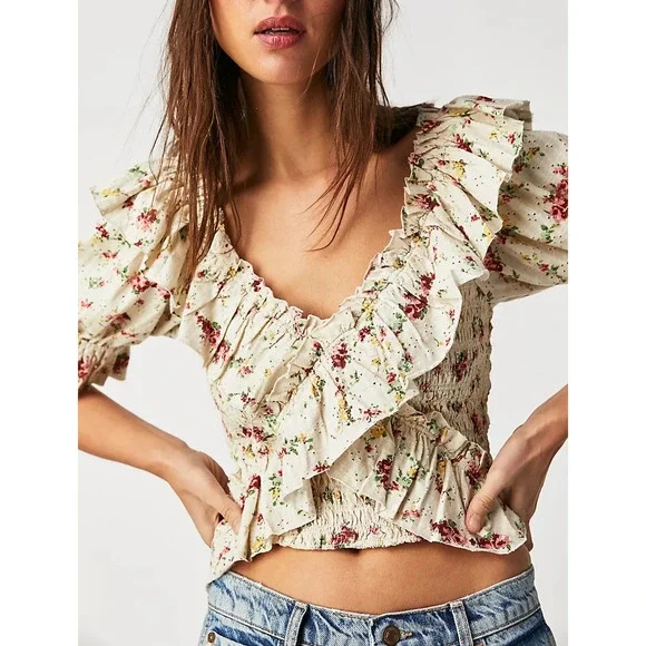 Free People Favorite Girl Top Romantic Floral Ruffle Smocked Boho Cottagecore Sm - Picture 3 of 16